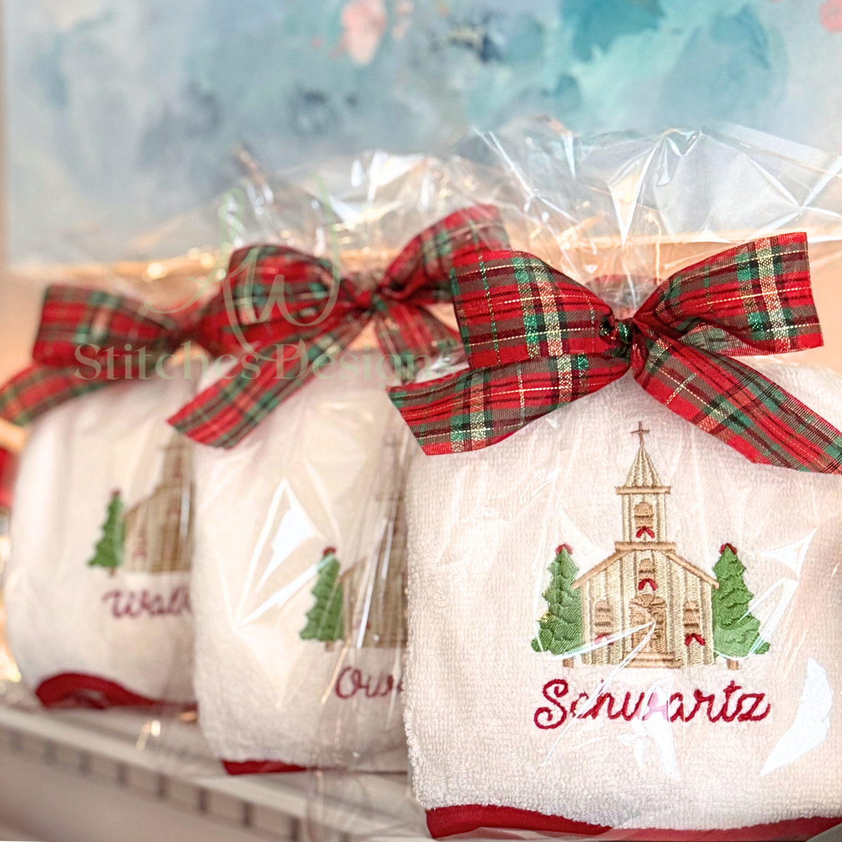Small Christmas church embroidery motif with evergreen trees and classic holiday colors