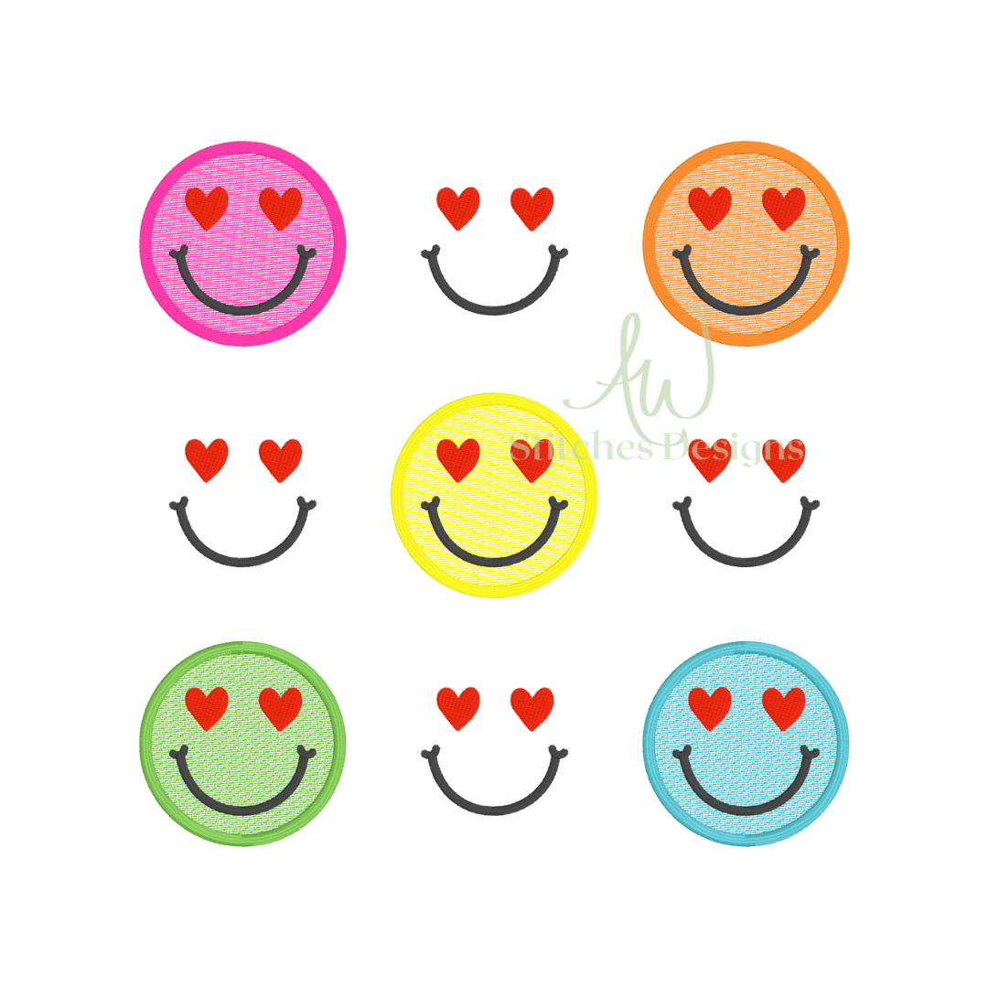 Set of colorful smiley face emojis with heart eyes on a white background