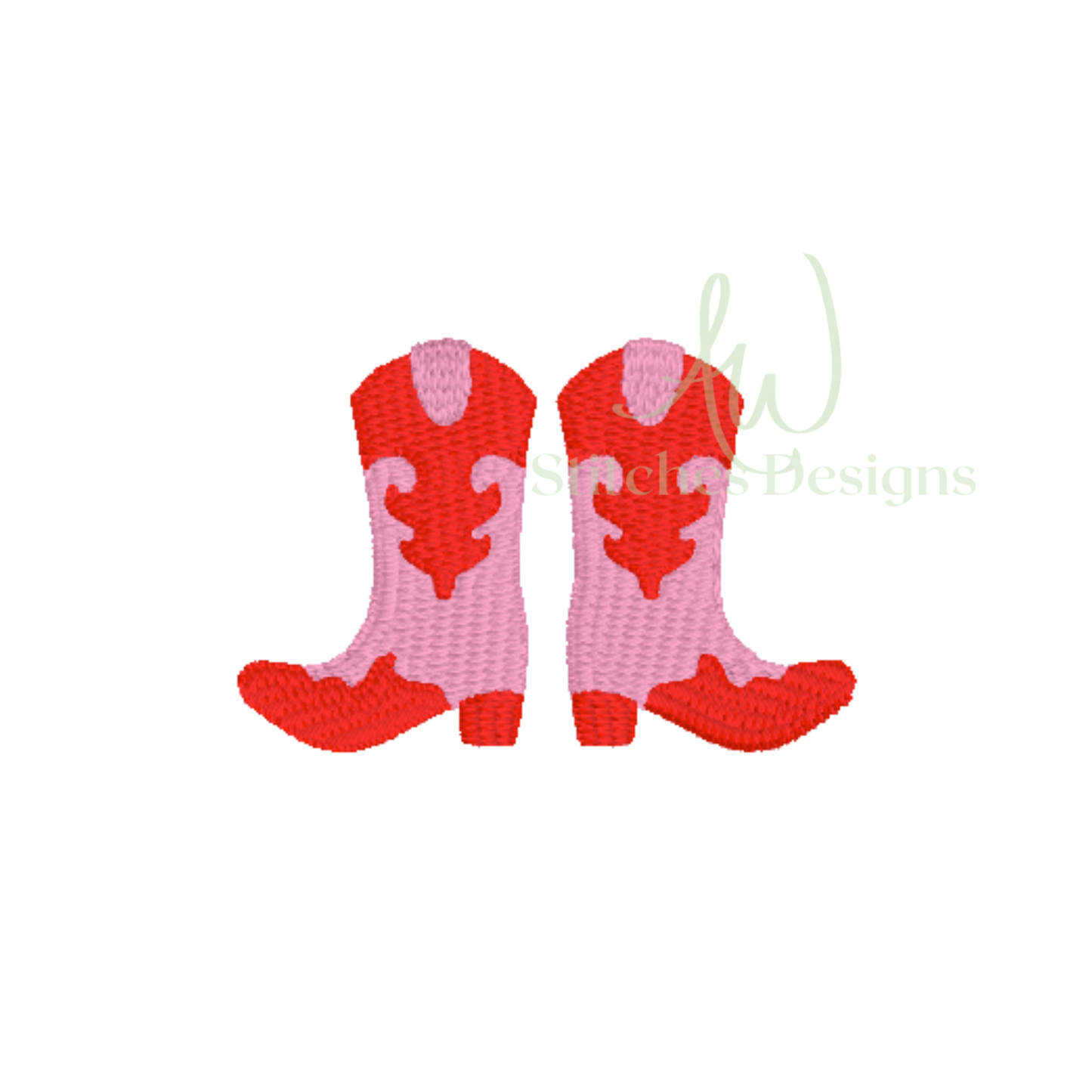 Red and pink cowboy boots on a white background with 'Whimsies Designs' logo.