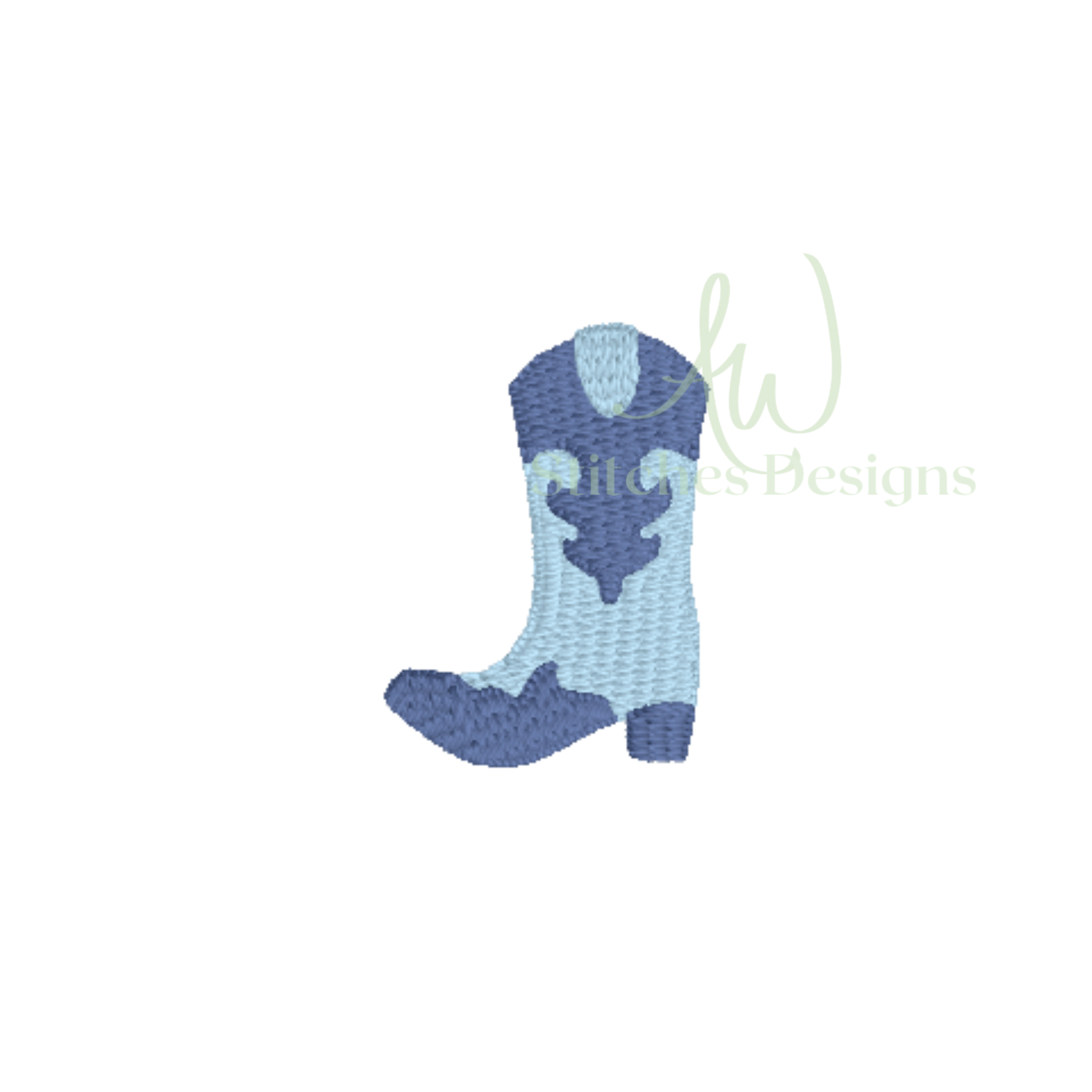 Blue cowboy boot design on a white background with 'JW Designs' logo.