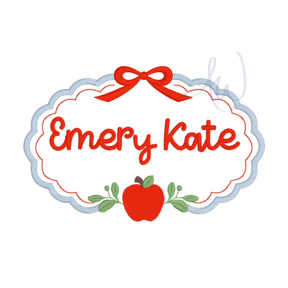 A decorative embroidered-style name graphic reading "Emery Kate" in red script inside a scalloped white cloud outline with a red bow above and a red apple with green leaves below, on a light gray background.
