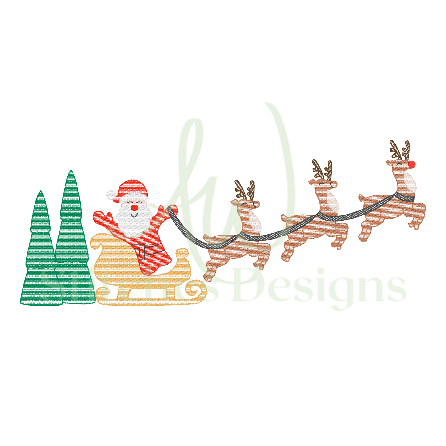 Christmas Santa Sleigh with Reindeer light fill stitch machine embroidery design file