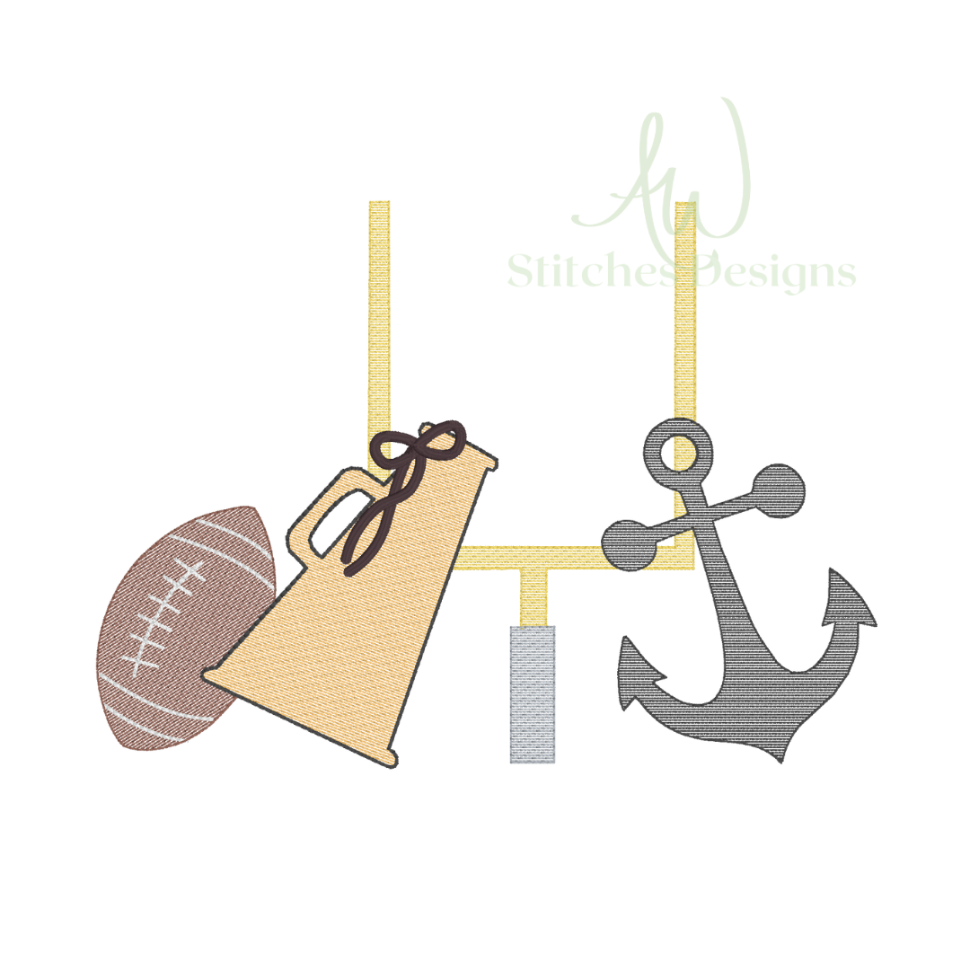 Anchor Football with bow Game Day sketch stitch machine embroidery design file