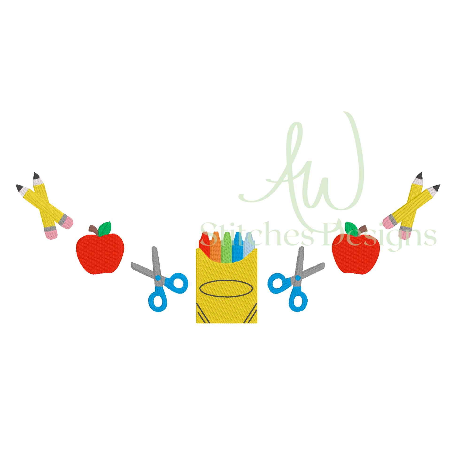 Decorative monogram frame with school supplies including pencils, apples, crayons, and scissors on a white background.