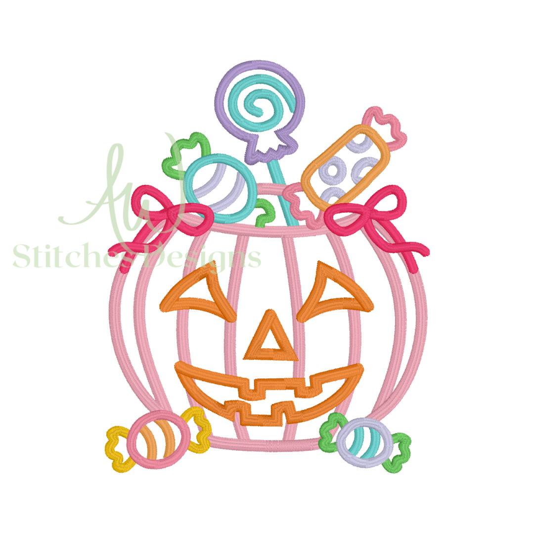 Halloween Trick or Treat Candy Bucket with Bow Satin Stitch - Embroidery Design