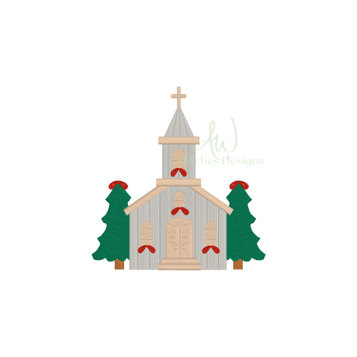Digital mini Christmas church embroidery design preview with evergreen trees