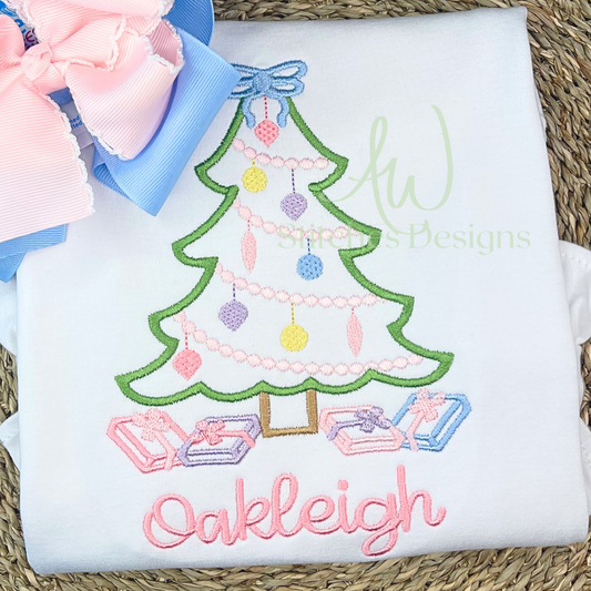 Christmas Tree with bow and presents satin stitch machine embroidery design file