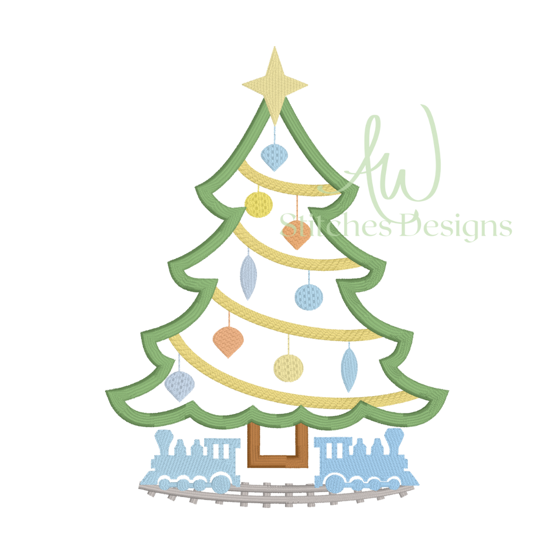 Christmas Tree with train satin stitch machine embroidery design file