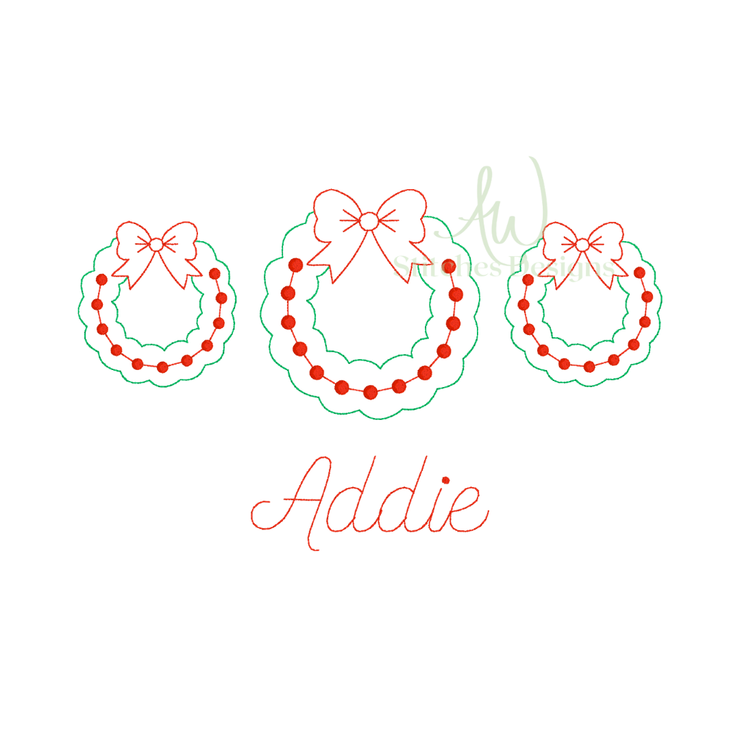 Christmas wreath trio with bow vintage bean stitch machine embroidery design file