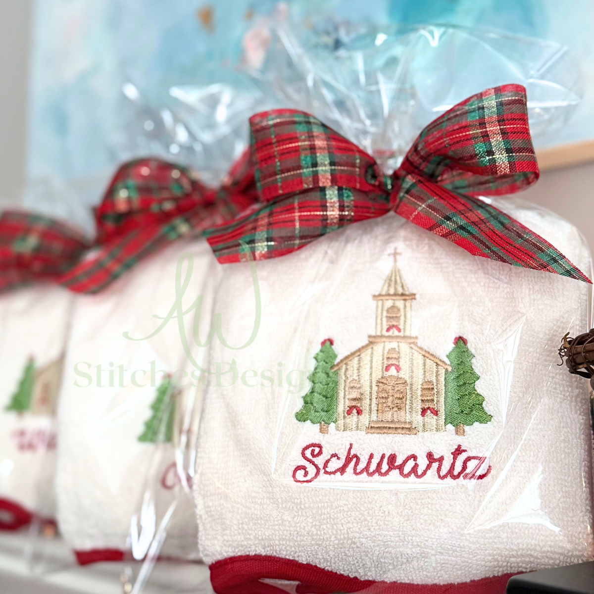Close-up of Christmas church satin stitch machine embroidery on white towel