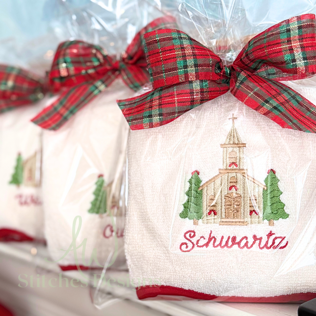 Mini church embroidery design in neutral and green thread with red Christmas details
