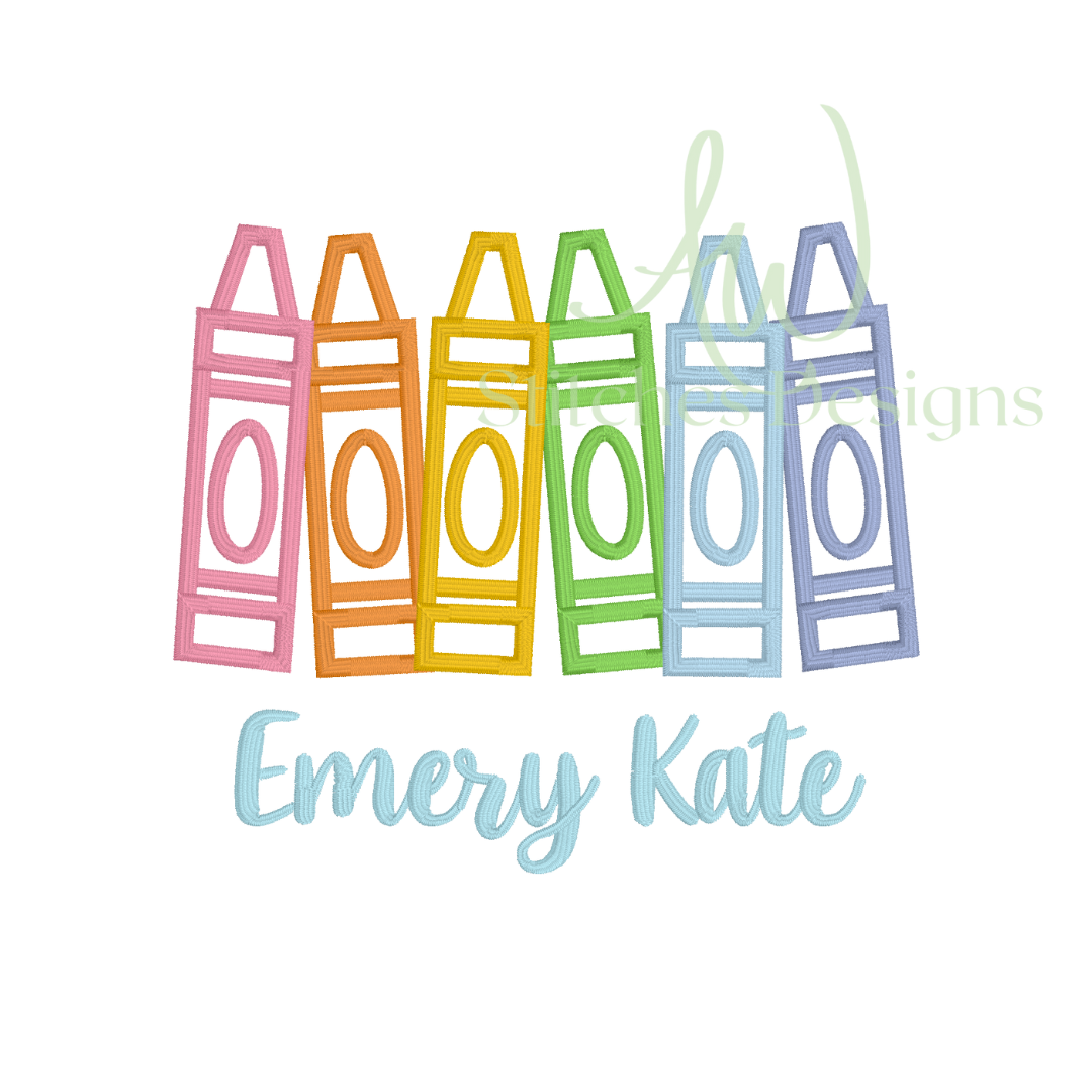 Colorful crayon silhouettes shown as a digital mockup.