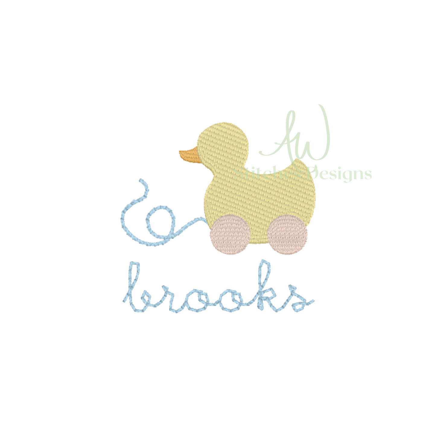 Embroidered design of a yellow duck with the name 'brooks' below on a white background.