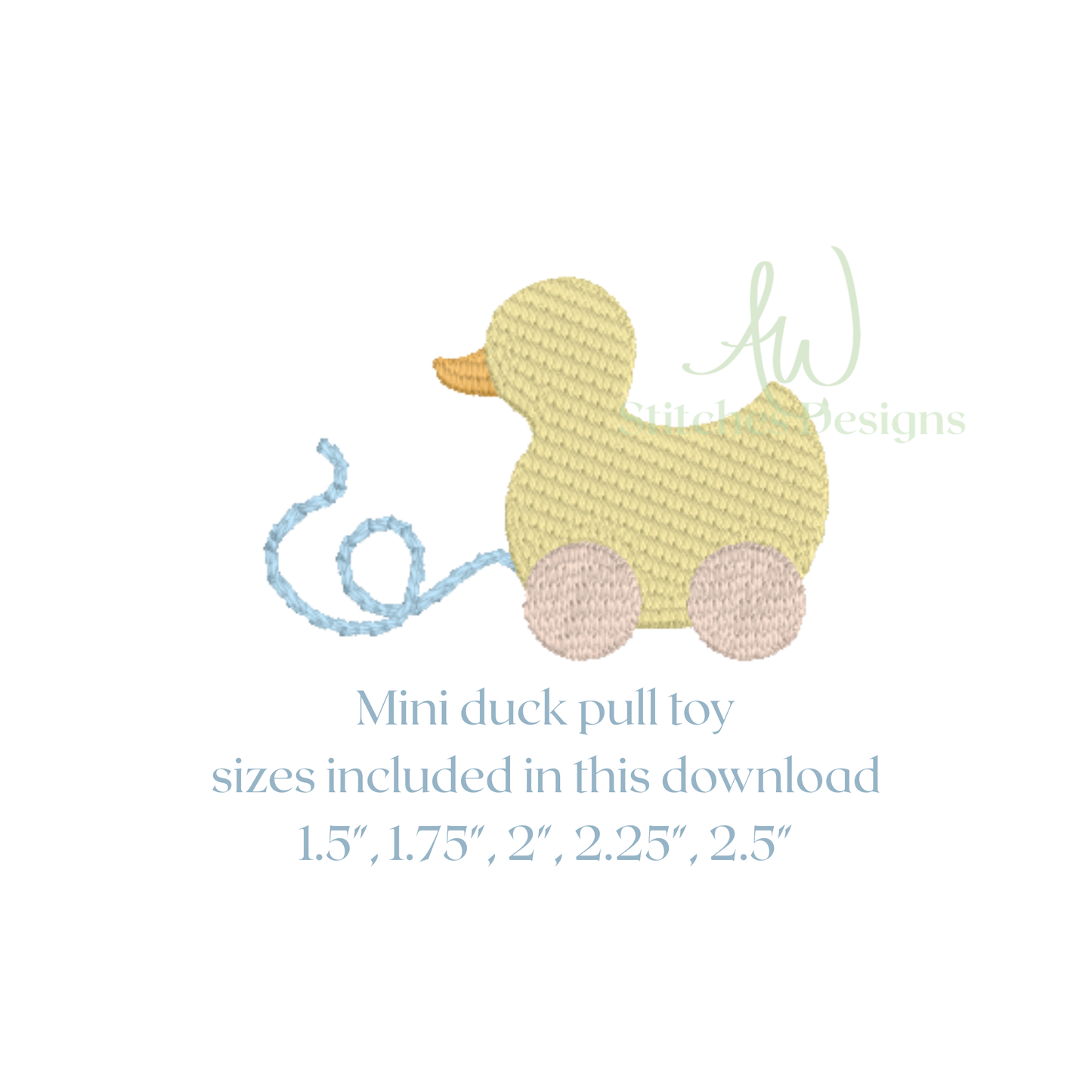 Mini duck pull toy design with sizes included on a white background