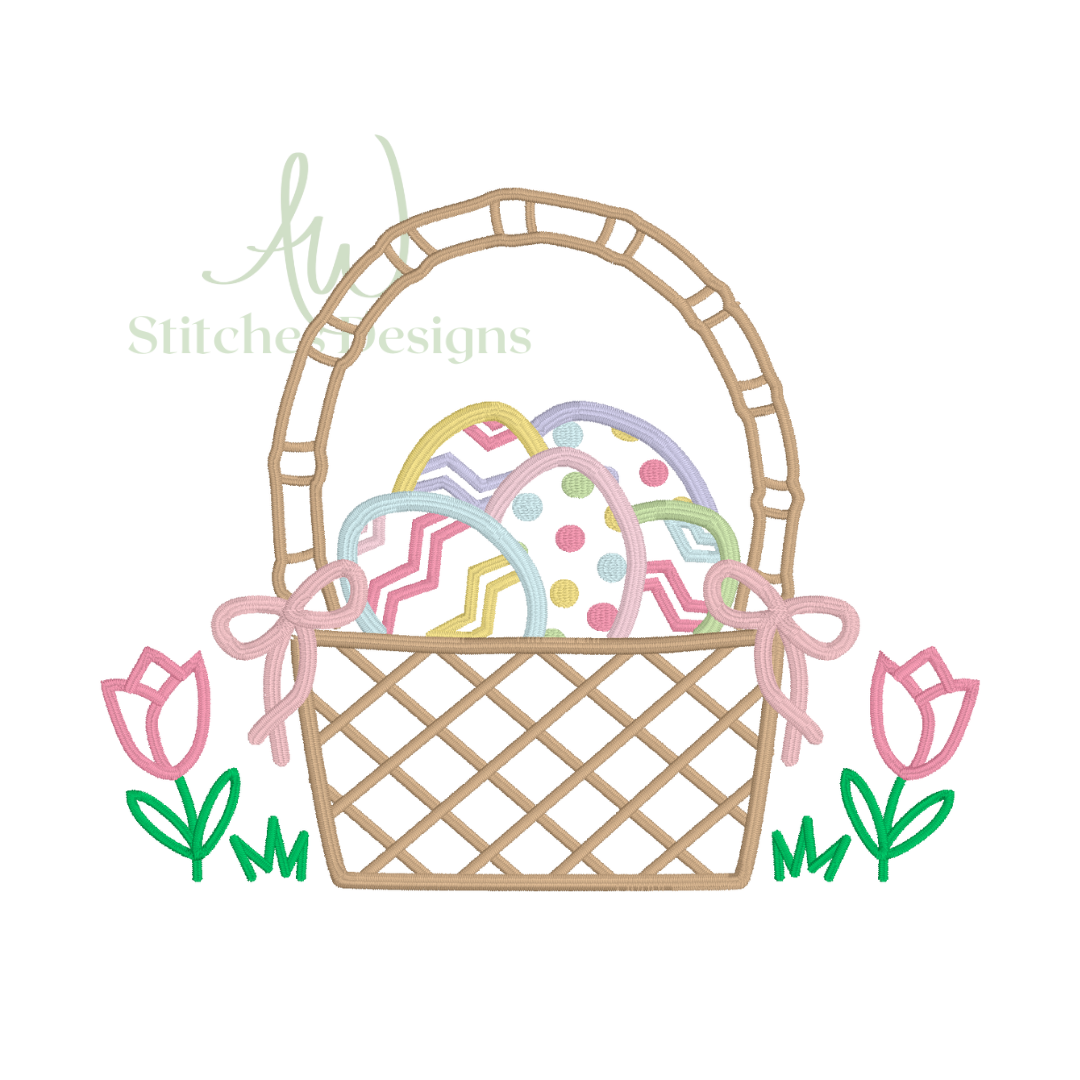 Easter Basket with Bow Satin Stitch Machine Embroidery Design File