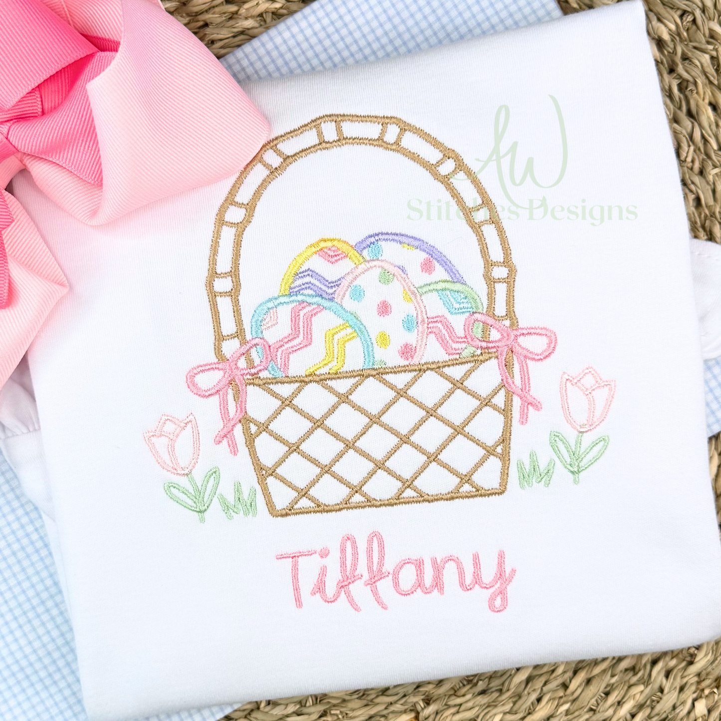 Easter Basket with Bow Satin Stitch Machine Embroidery Design File