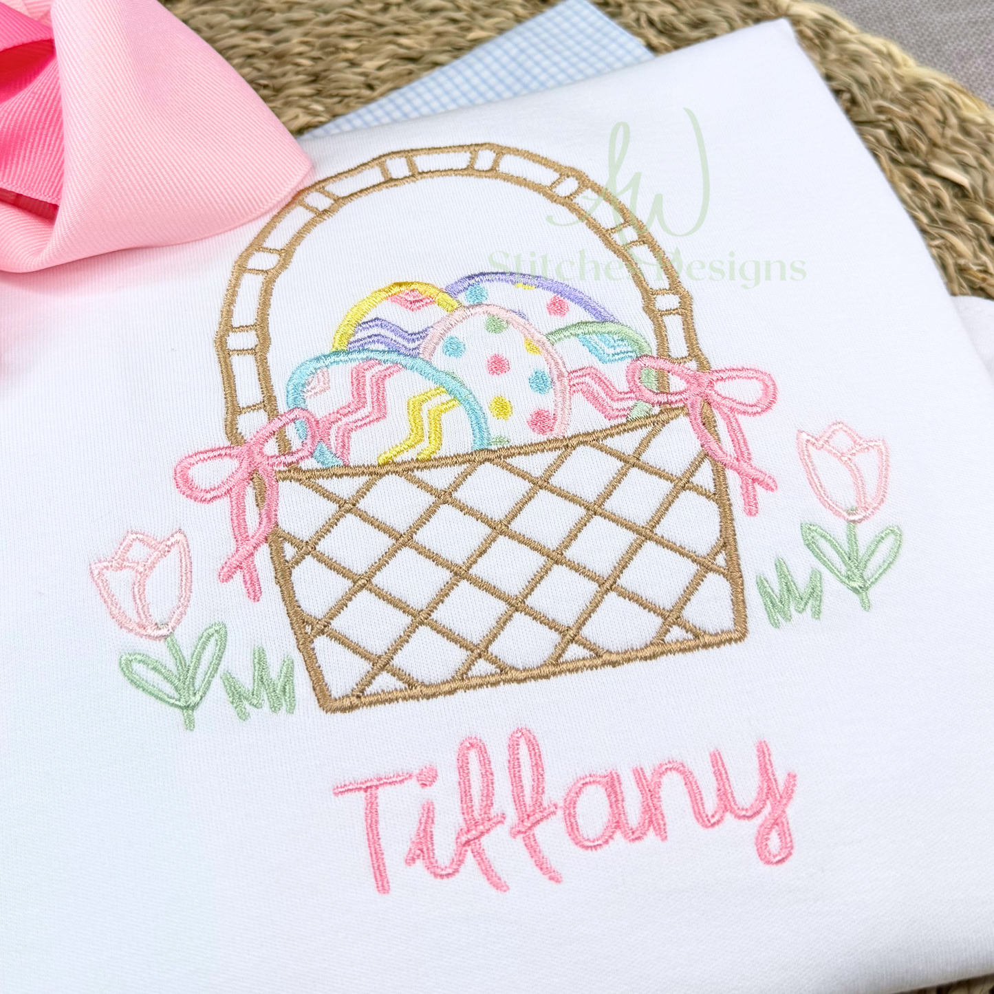 Easter Basket with Bow Satin Stitch Machine Embroidery Design File