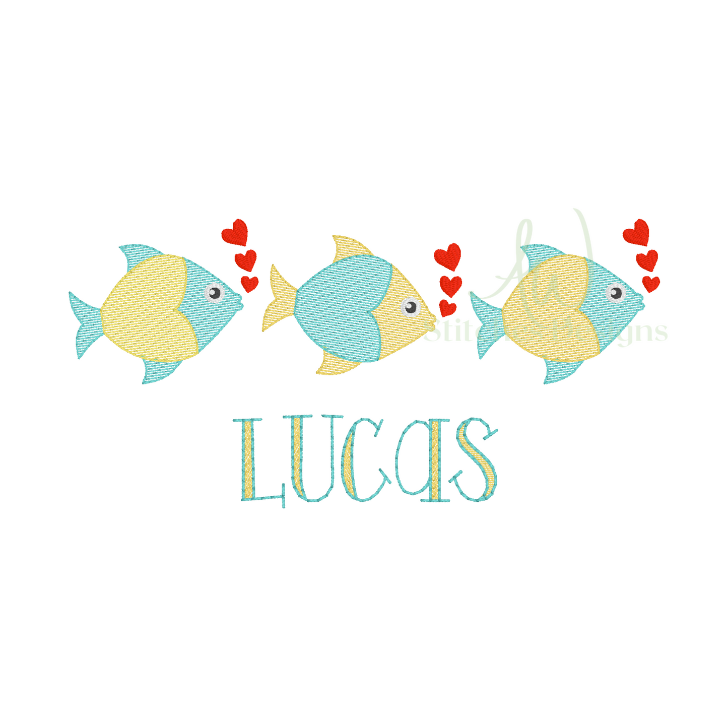 Heart Fish Trio, Valentine Trio Light Fill Stitch Machine Embroidery Design File