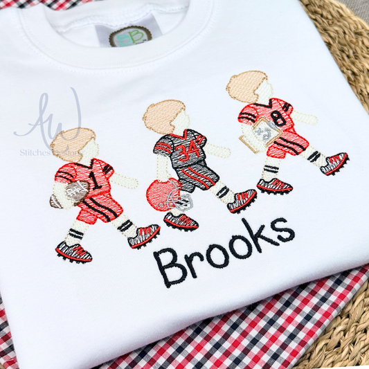 Football player trio embroidery design in blue and white game day uniforms