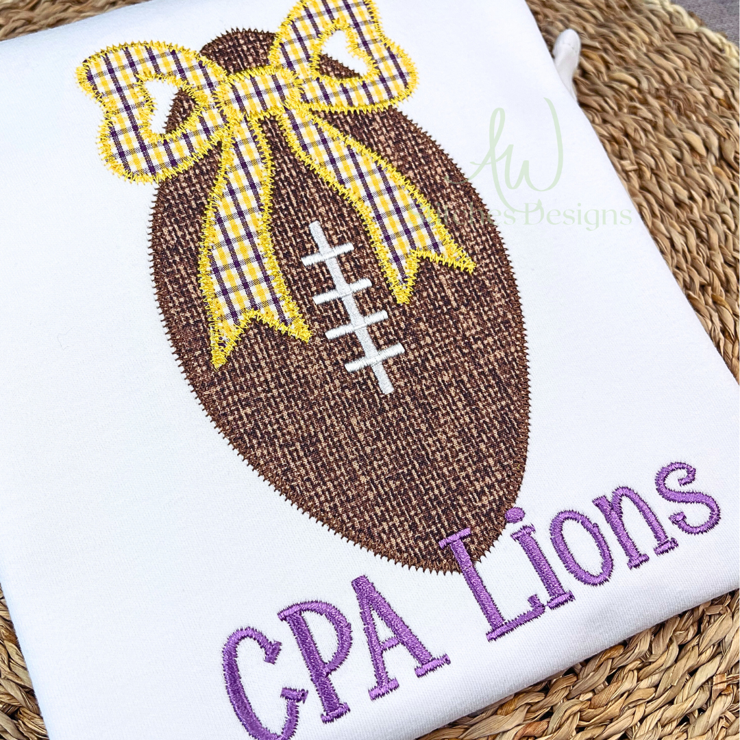 Football with bow zig zag applique machine embroidery design file