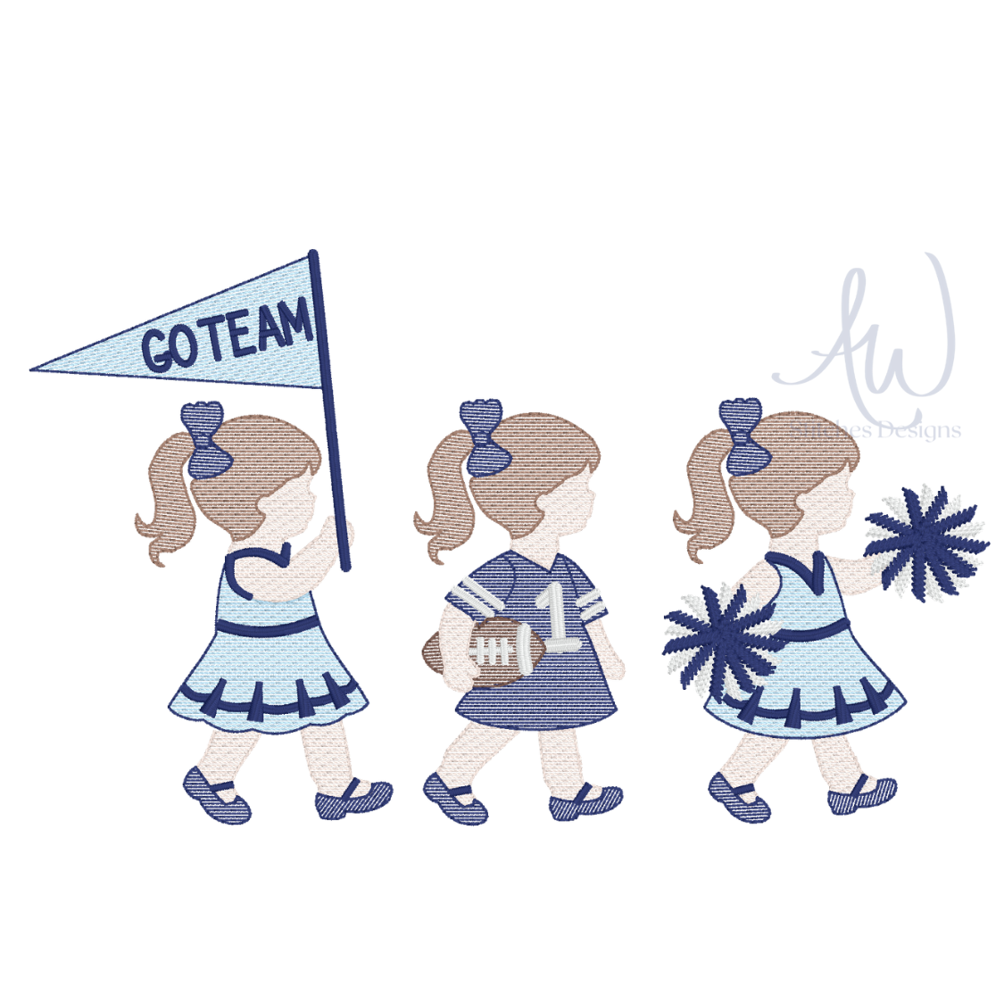 Embroidered-style illustration of three young girls in blue and white sports outfits walking in a row. One holds a blue pennant that says GOTEAM, one carries a football with the number 1, and one holds blue pom-poms.
