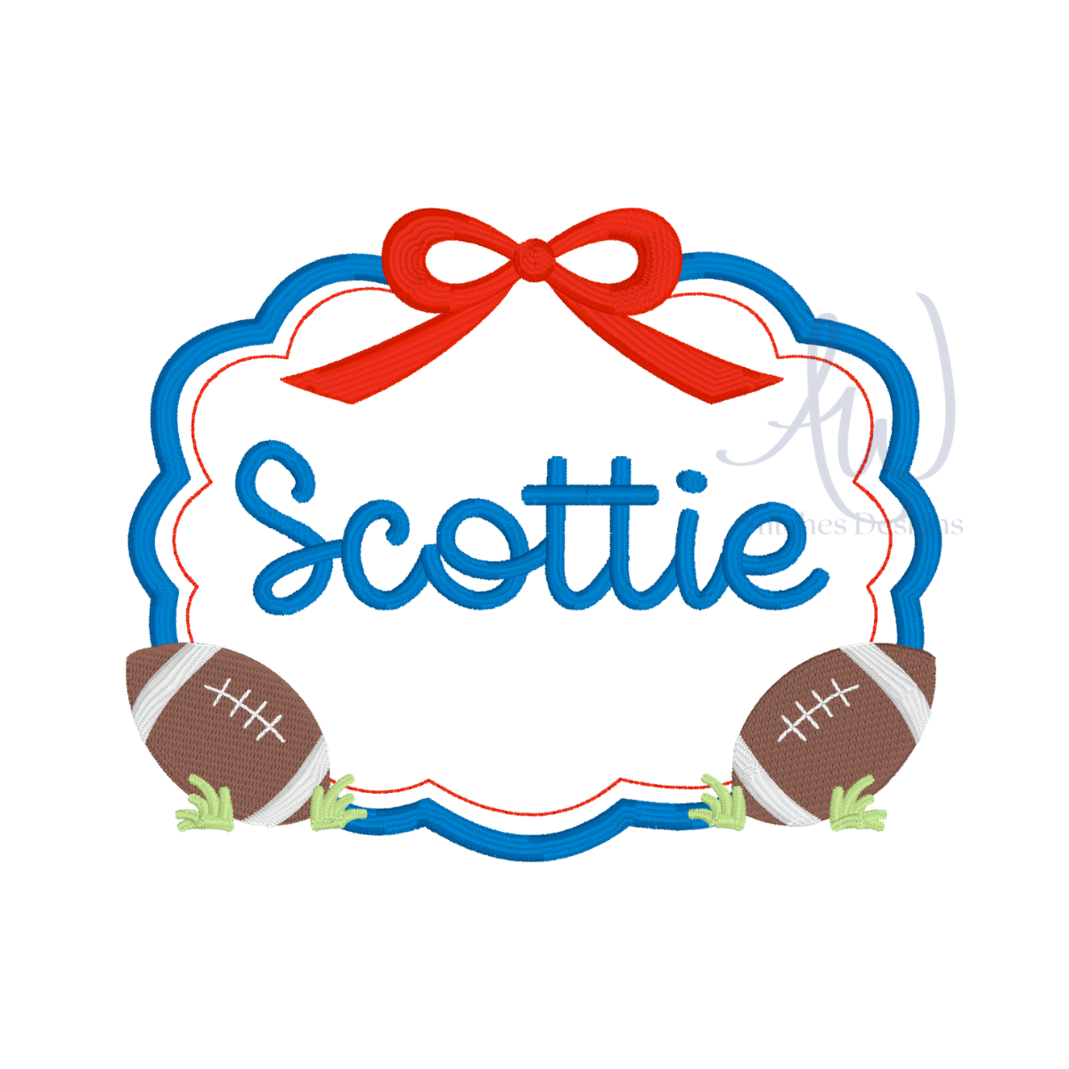 Digital mockup of a scallop bow football monogram frame embroidery design.