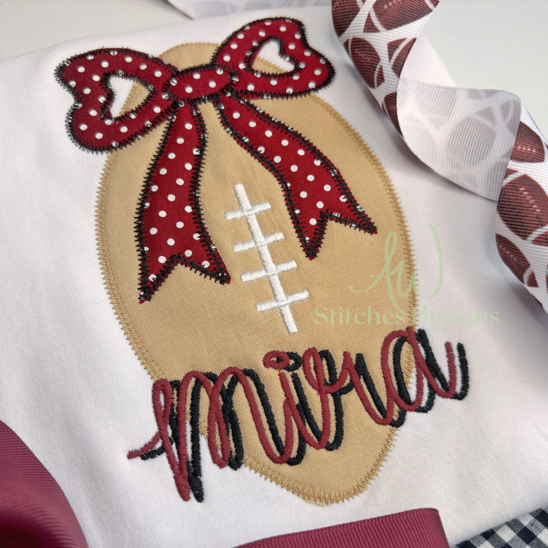 Football with bow zig zag applique machine embroidery design file