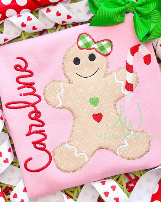 Christmas Gingerbread Girl with bow zig zag applique embroidery design file