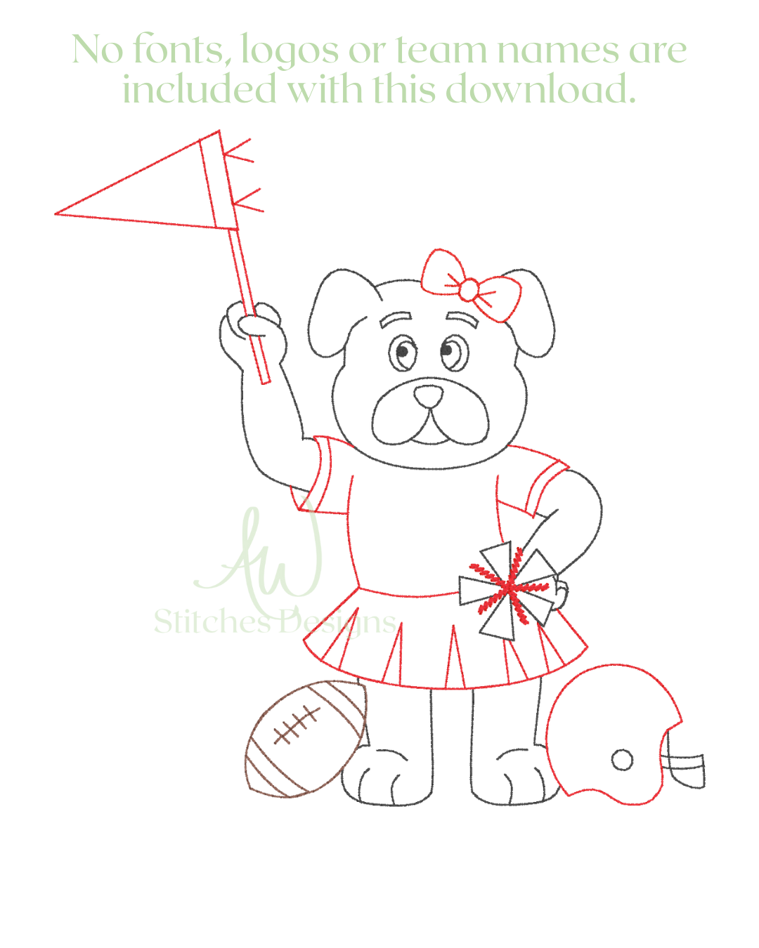 Bulldog with Bow Football Embroidery Design