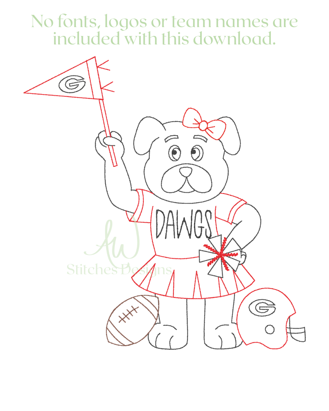 Bulldog with Bow Football Embroidery Design