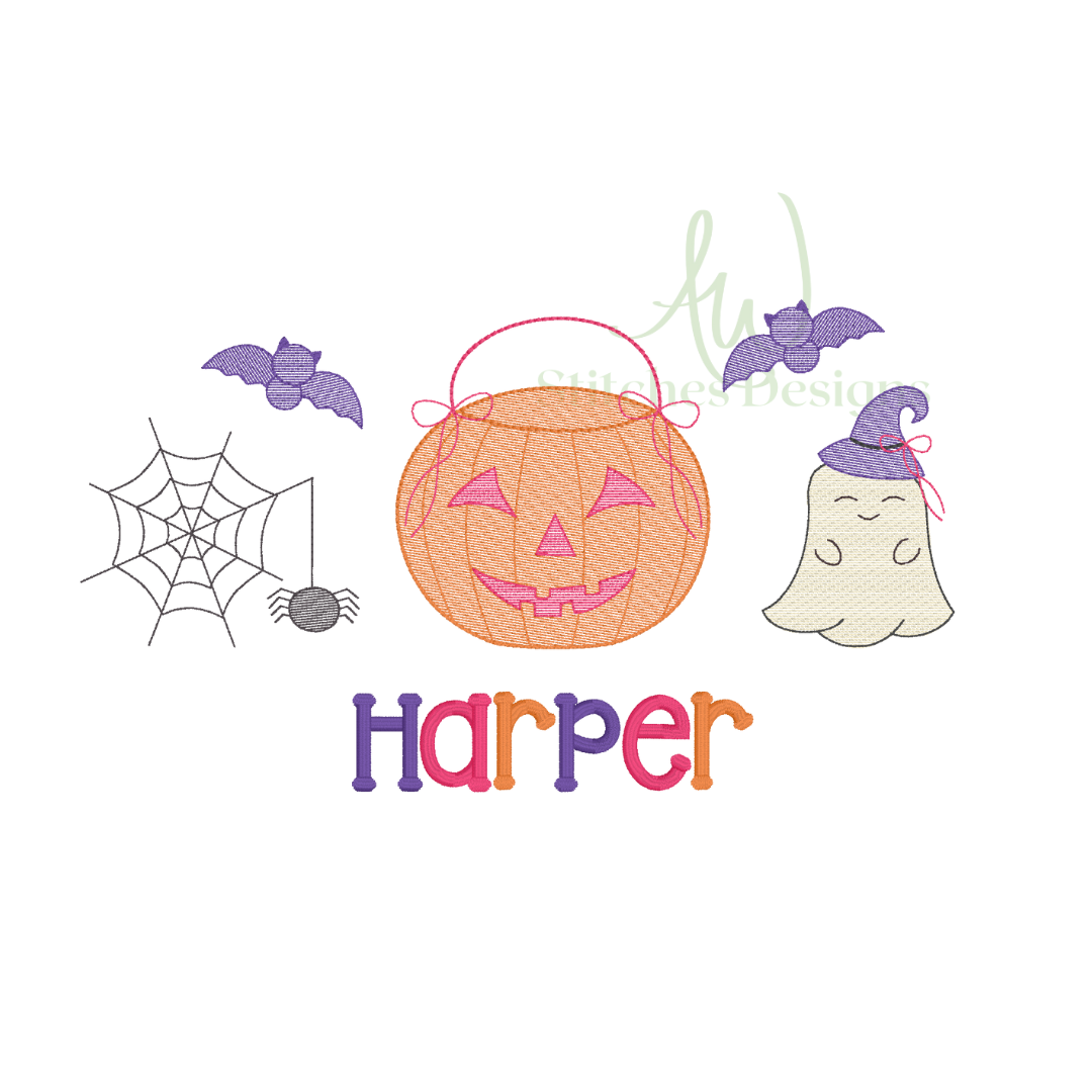 Halloween candy bucket with bow trio sketch stitch machine embroidery design file