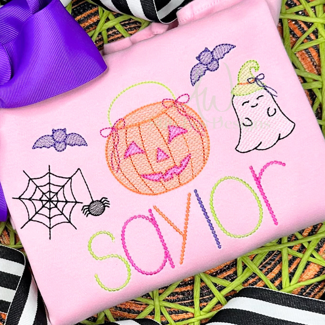 Halloween candy bucket with bow trio sketch stitch machine embroidery design file