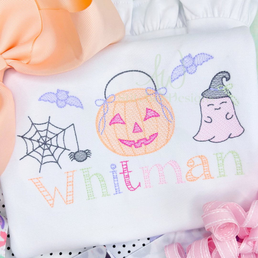 Halloween candy bucket with bow trio sketch stitch machine embroidery design file