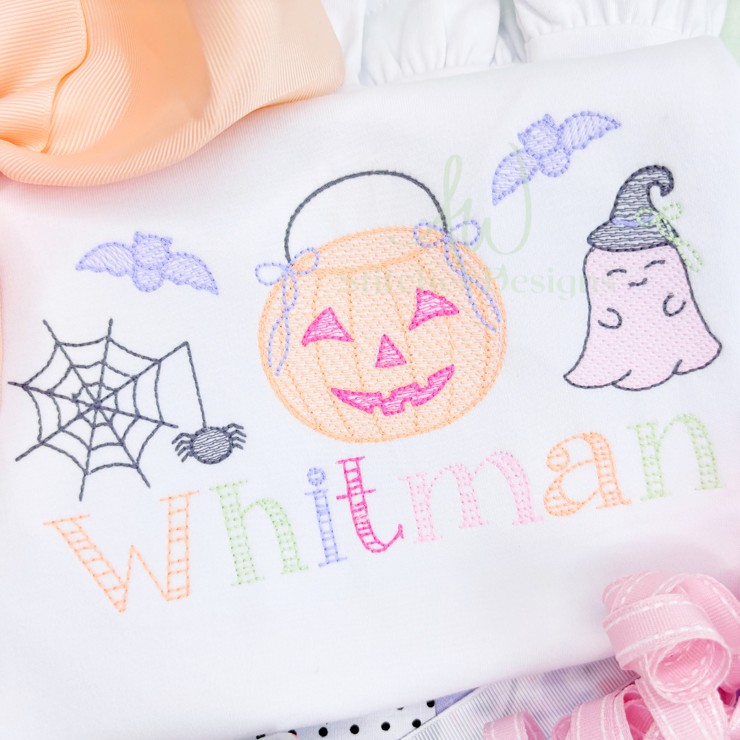 Halloween candy bucket with bow trio sketch stitch machine embroidery design file