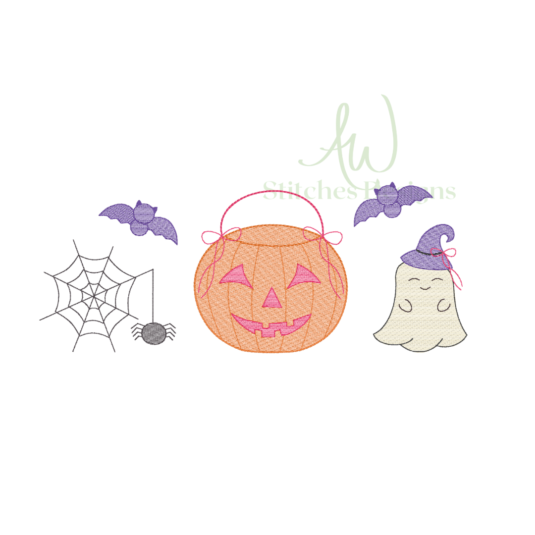 Halloween candy bucket with bow trio sketch stitch machine embroidery design file