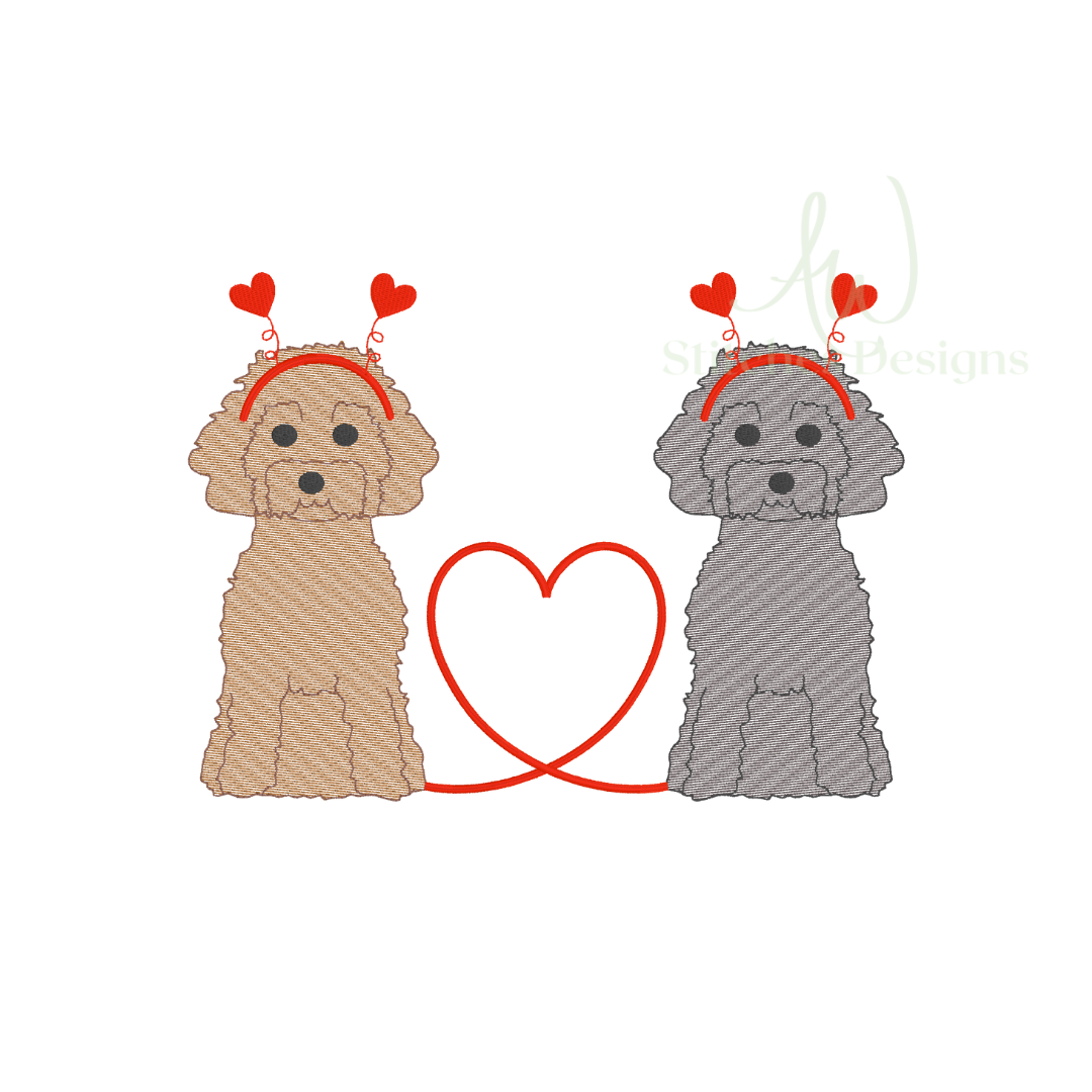 Doodle curly hair Valentine heart tail puppy dog sketch stitch light fill stitch machine embroidery design file