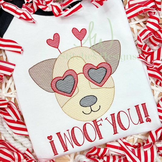 Puppy Dog Valentine's Day Hearts Sketch Light Fill Stitch Embroidery Design File