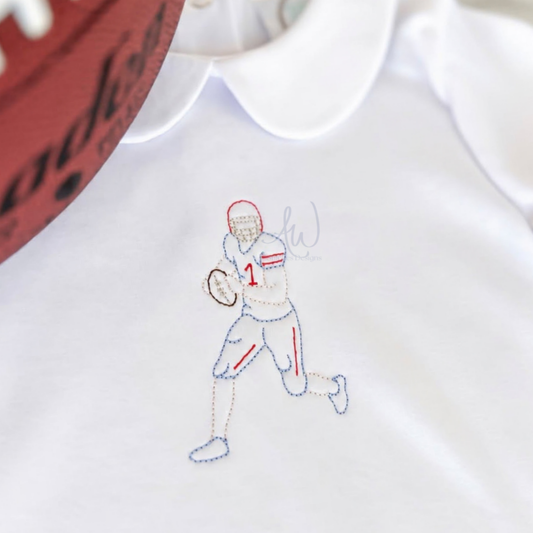 Close-up of mini football bean stitch embroidery with multicolor thread