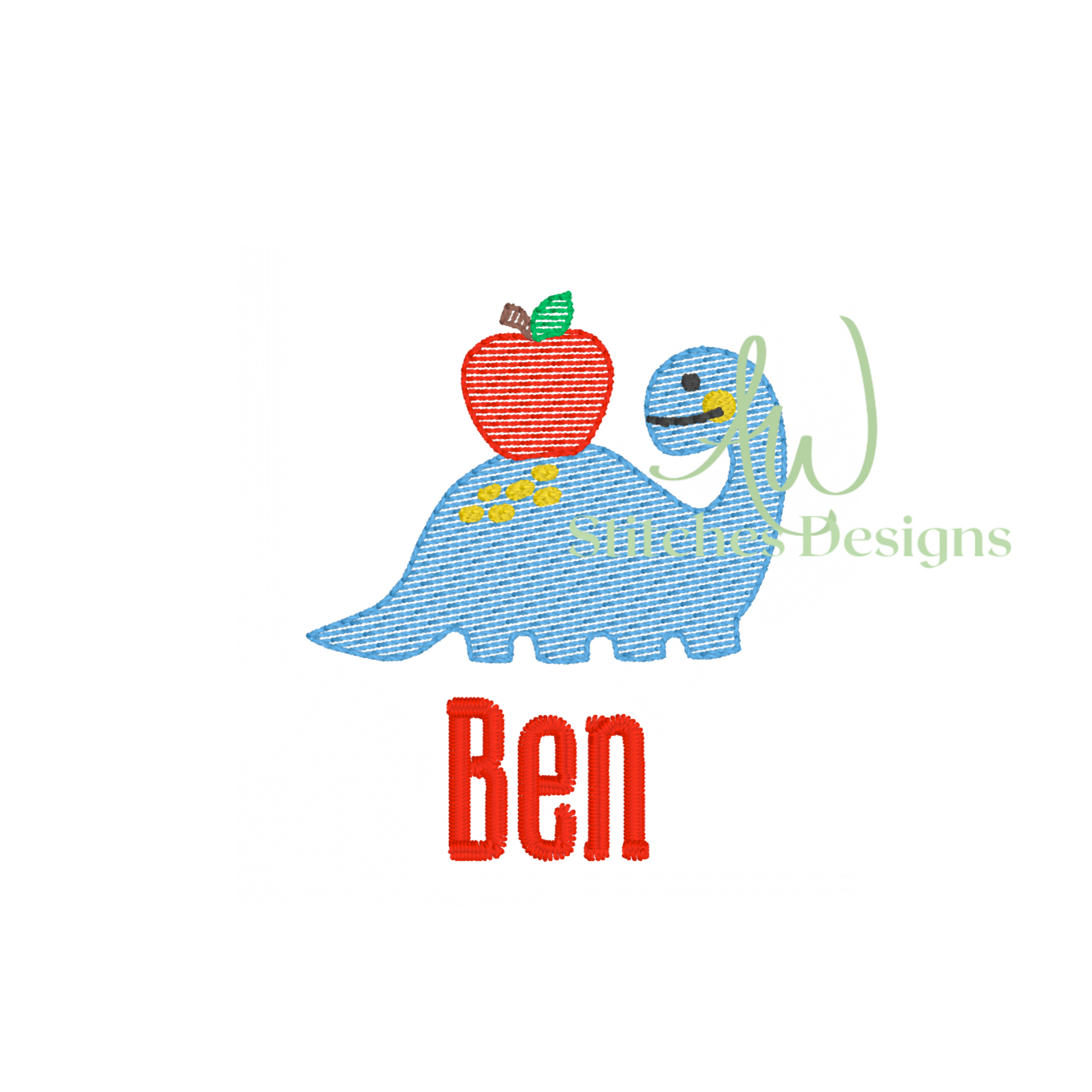Embroidery design of a blue dinosaur holding an apple with the name 'Ben' below, on a white background.