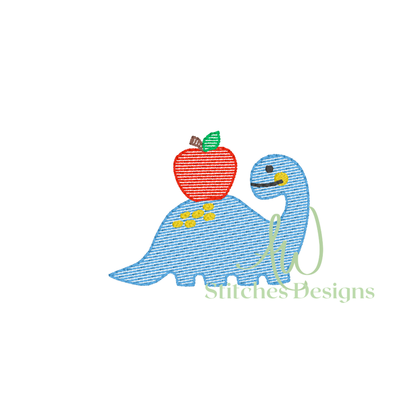 Embroidered design of a blue dinosaur with an apple on a white background, featuring AW Stitches Designs branding.