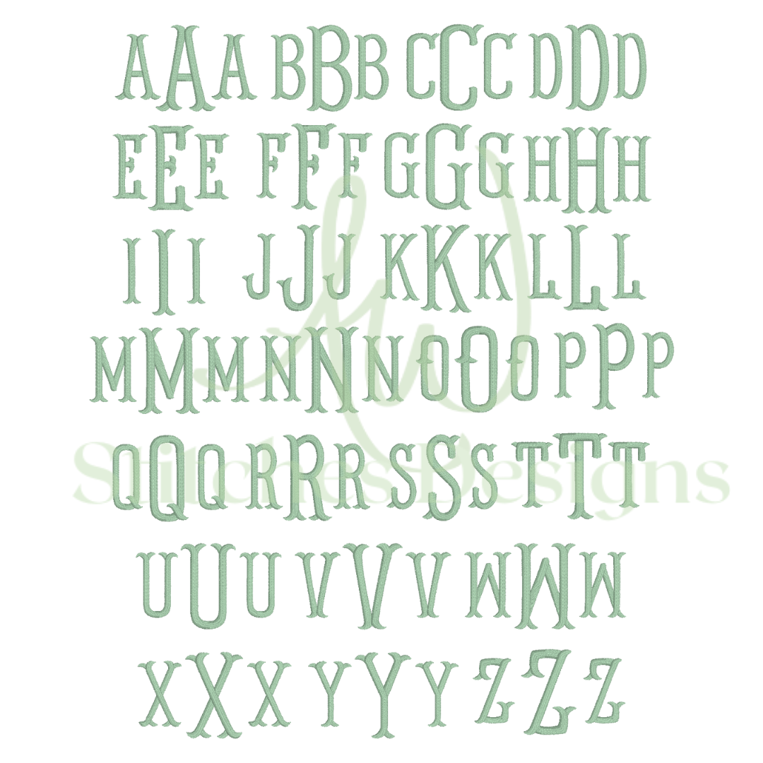 Fishtail monogram satin stitch font for machine embroidery design file 1.5"- 3.5" with BX