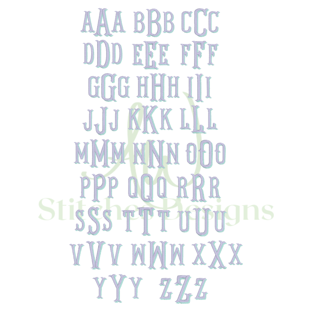 Shadow fishtail monogram satin stitch font for machine embroidery design file 1.5"- 3.5" with BX