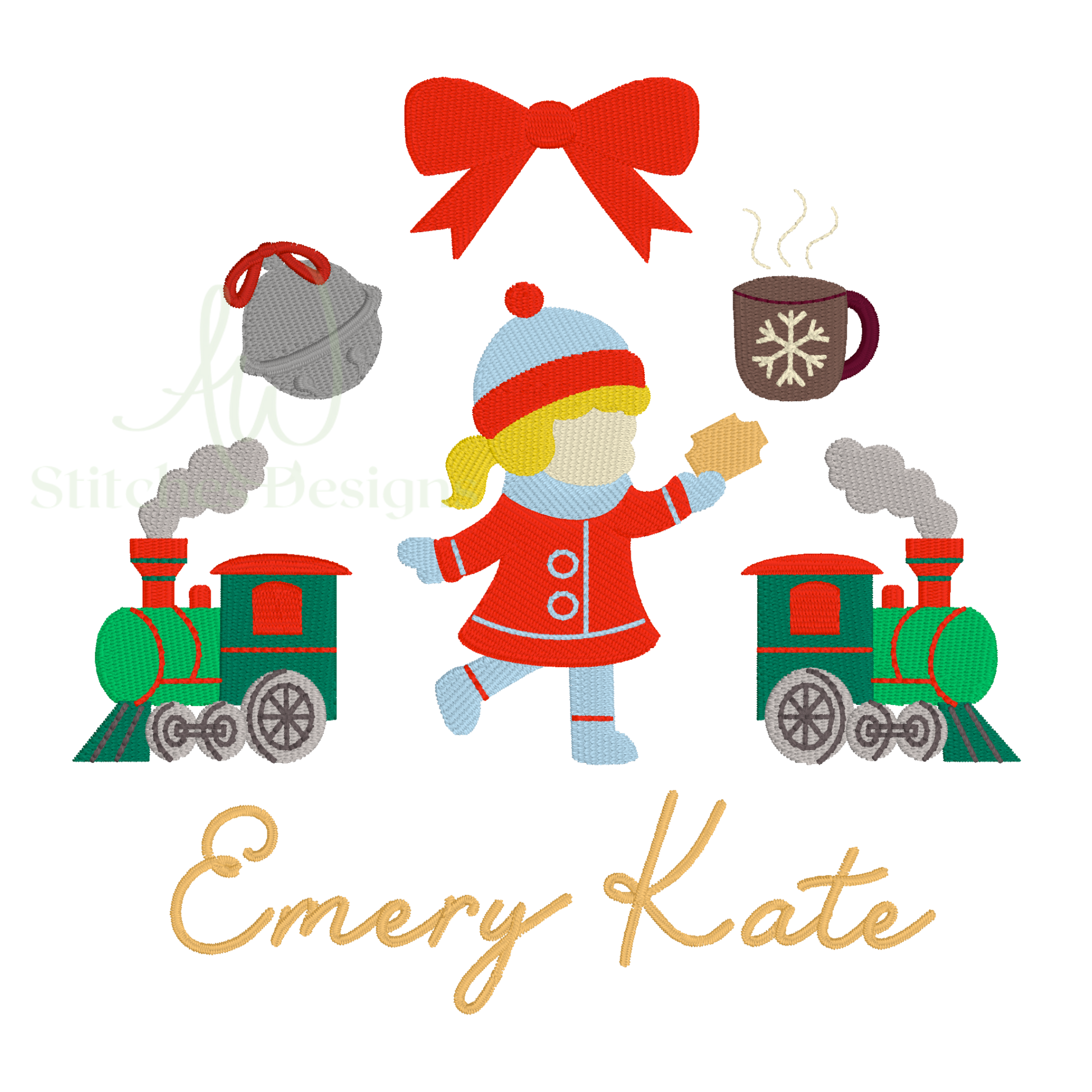 Illustration of a child with a train, hat, and cup on a white background with 'Emery Kate' text.