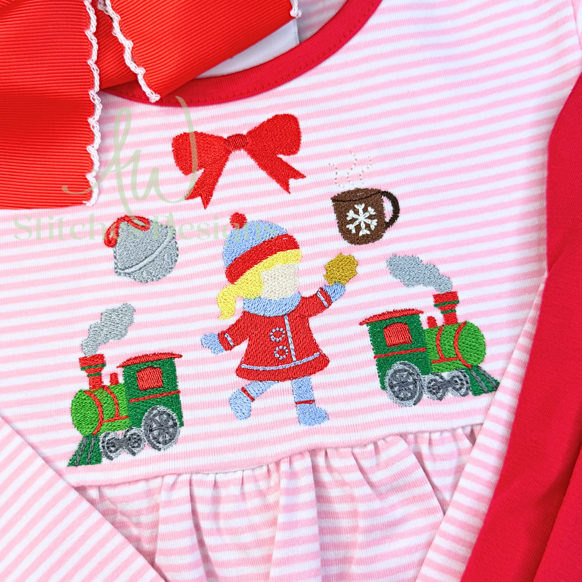 Children's outfit with a red bow and Christmas-themed design on a pink and white striped background.