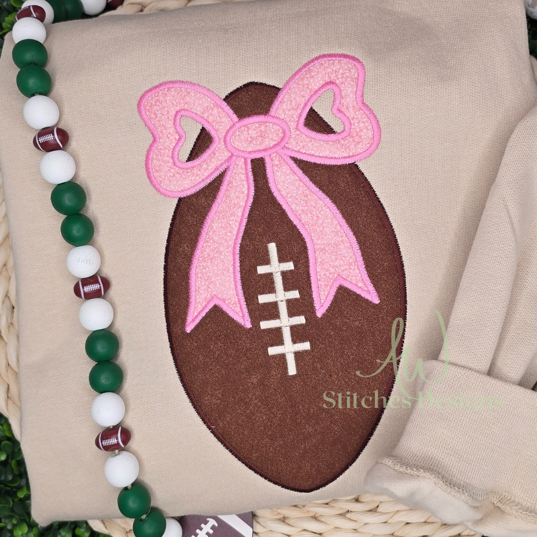 Football with bow satin stitch applique machine embroidery design