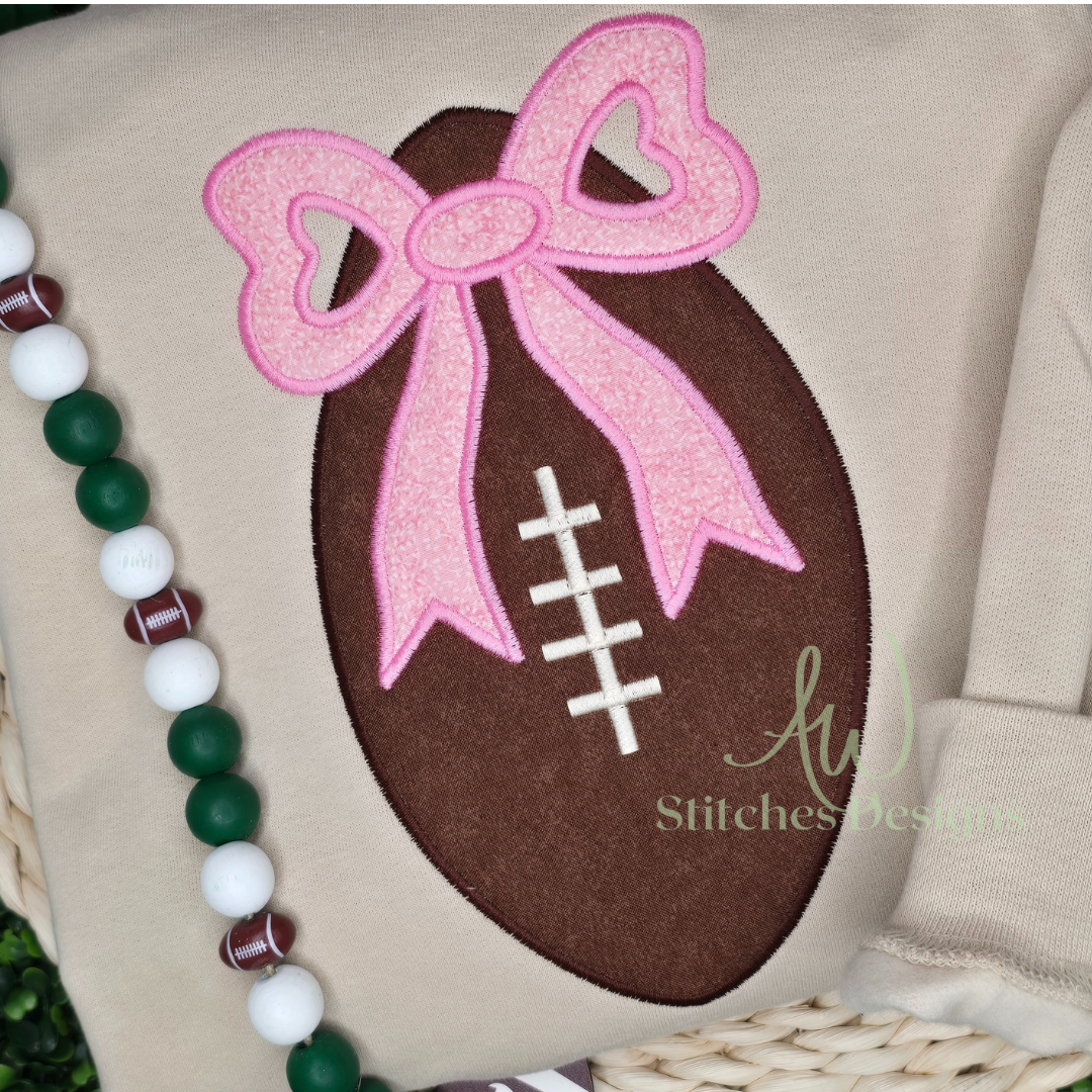 Football with bow satin stitch applique machine embroidery design