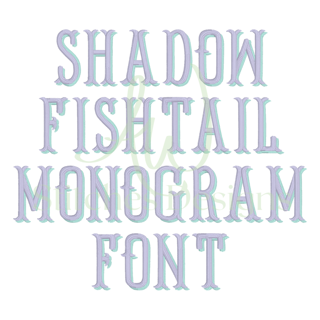 Shadow fishtail monogram satin stitch font for machine embroidery design file 1.5"- 3.5" with BX