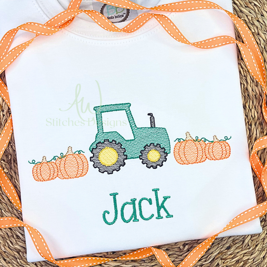 Tractor with pumpkins sketch stitch