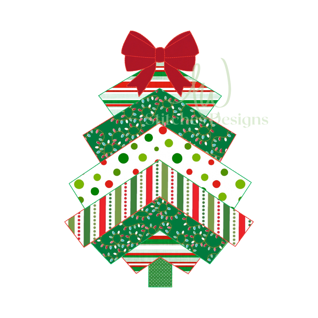 Christmas Tree with Bow Bean Stitch Applique Design