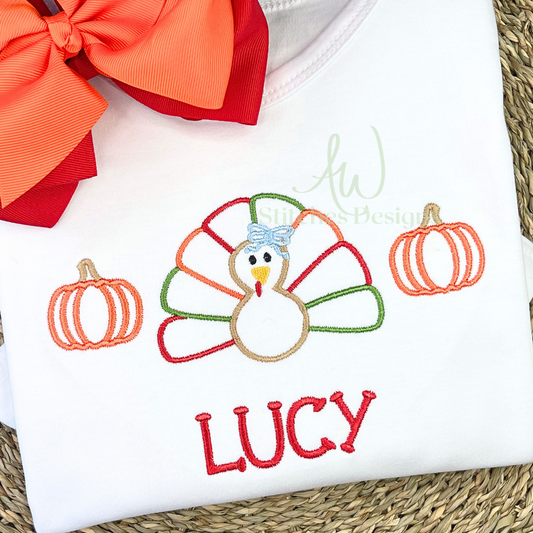 Turkey Pumpkin with Bow trio satin outline stitch machine embroidery design file